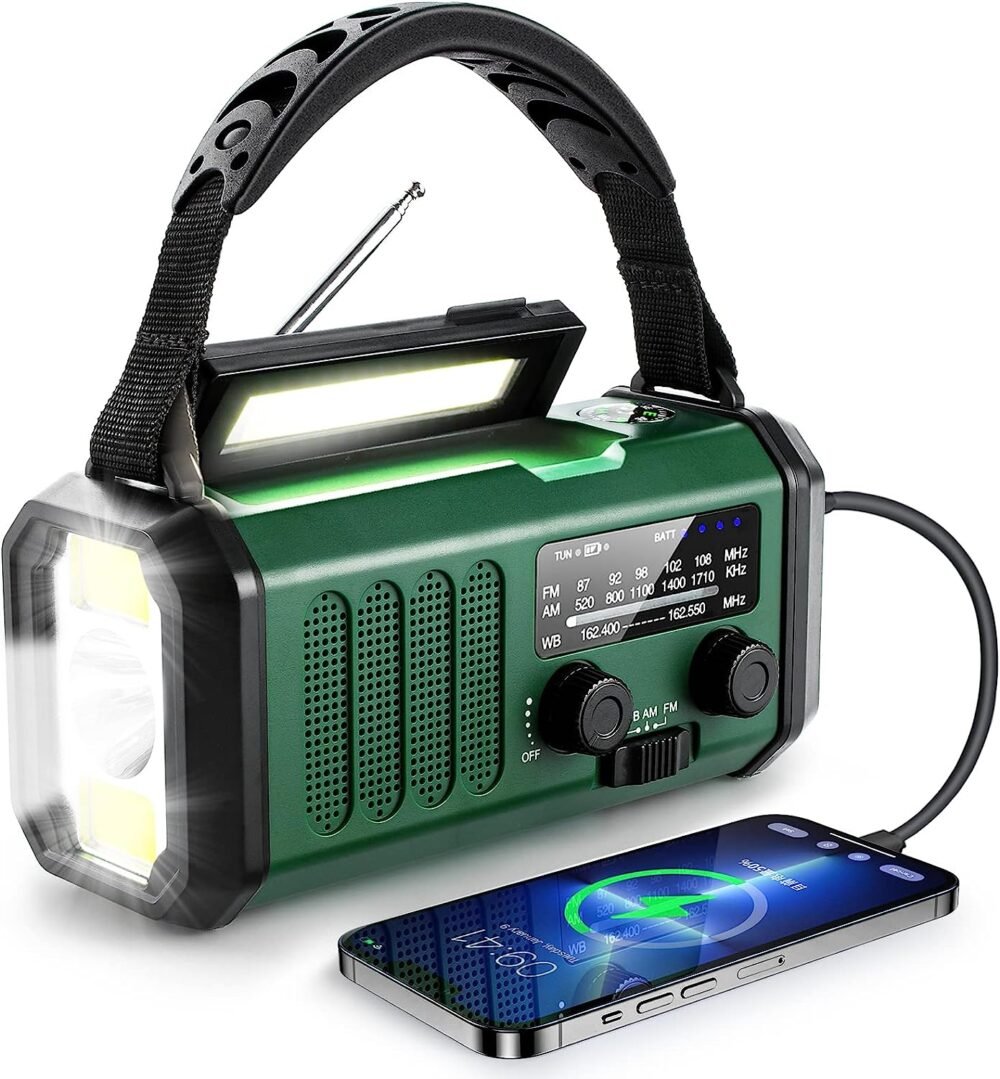 10000mAh Crank Radio, Emergency Radio, Solar Radio, NOAA/AM/FM Weather Radio, USB Type-C Charging, Dynamo Radio, Polymer Battery, Torch & LED Reading Light, SOS Alarm, Compass for Camping